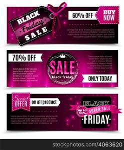 Black friday sale horizontal banners with labels tags and badges in pink color vector illustration. Black Friday Sale Horizontal Banners