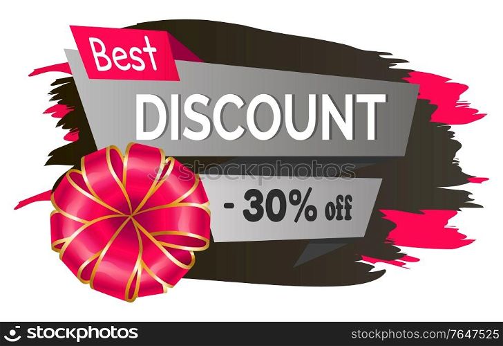 Black friday sale in shops and stores. Best discount, up to 30 percent off. Dark label tied by pink ribbons and bows. Designed caption with promotion on label. Vector illustration in flat style. Best Discounts on Black Friday Sale, Caption