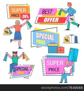 Black friday sale in stores and shops. People near captions with promotion on label. Best offers and prices on products. Discounts on clearance, lower price on goods. Men and women on shopping. People on Shopping, Black Friday Sale, Best Offer