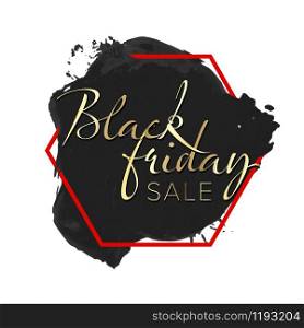 Black Friday sale label - black splash with red frame and golden text content. Black Friday sale label