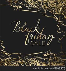 Black Friday sale label with golden frame borders and text content