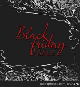 Black Friday sale label with silver frame borders and red text content. Black Friday sale label