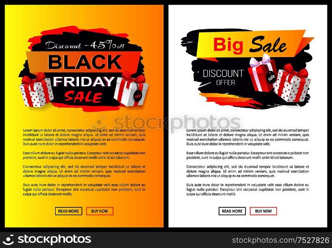 Black Friday sale off promo stickers, advertising coupons with gift boxes. Wholesale price tags icons in dark and red, packages on web posters with text. Black Friday Sale Off Promo Stickers, Advertisings