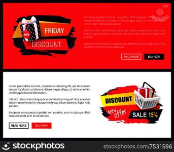 Black Friday sale off promo stickers, advertising coupons with gift boxes. Wholesale price tags icons in dark and red, packages on online sites templates. Black Friday Sale Off Promo Stickers, Advertisings