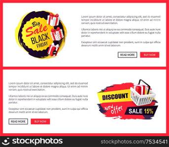 Black Friday sale off promo stickers, advertising coupons with gift boxes. Wholesale price tags icons in dark and red, packages online sites templates. Black Friday Sale Off Promo Stickers, Advertising