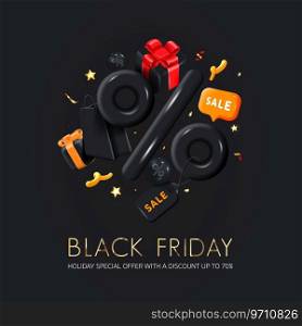 Black Friday sale poster or commercial discount event banner on black background with glossy percentsign, Shopping bags and Sale tag. Social media template for website and mobile website, email and newsletter design, marketing material. Vector Illustration