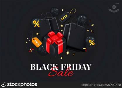 Black Friday sale poster or commercial discount event banner on black background with glossy giftbox, Shopping bags and Sale tag. Social media template for website and mobile website, email and newsletter design, marketing material. Vector Illustration