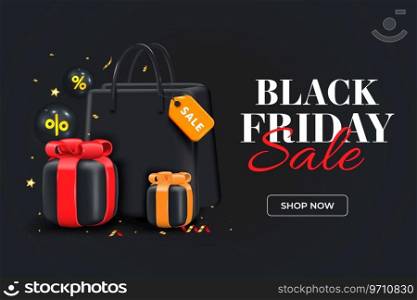 Black Friday sale poster or commercial discount event banner on black background with glossy giftbox, Shopping bag and Sale tag. Social media template for website and mobile website, email and newsletter design, marketing material. Vector Illustration