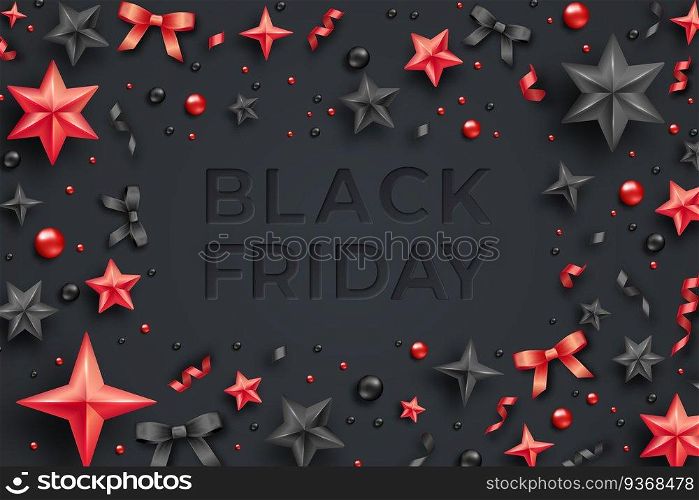 Black friday sale poster with serpentine, balls, stars and ribbons. Black friday sale vector template. Black friday sale poster with serpentine, balls, stars and ribbons. Black friday sale template