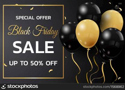 Black Friday Sale Poster with Shiny Balloons on Black Background with Square Frame.