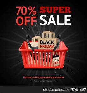 Black Friday Sale Print. Black friday sale advertisement with title and purchases in red market basket on black background vector illustration