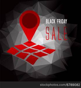 Black Friday sale promo text withgeo tag symbol on map advertising vector illustration