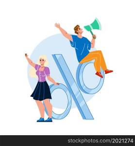 Black Friday Sale Purchasing Customers Vector. Man Screaming And Advertising Black Friday Sale In Loudspeaker And Woman Buying Goods With Discount. Characters Shoppers Flat Cartoon Illustration. Black Friday Sale Purchasing Customers Vector