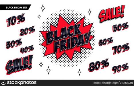 Black Friday sale set. Black friday and sale inscription and all percent numbers. Black and red colors. Pop-art comics style web banner, flash animation. Vector illustration. Black Friday sale set. Black friday and sale inscription and all percent numbers. Black and red colors. Pop-art comics style web banner, flash animation.