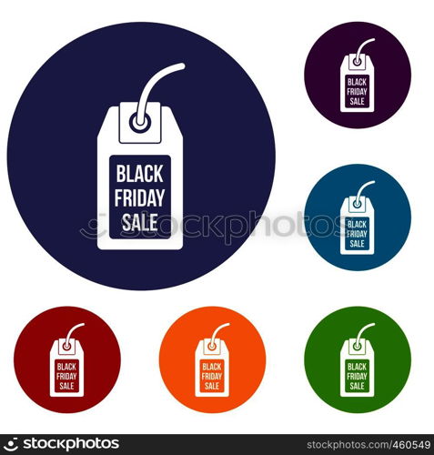 Black Friday sale tag icons set in flat circle reb, blue and green color for web. Black Friday sale tag icons set