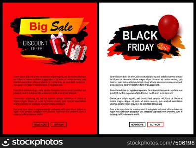 Black Friday sale tags, advertising badges and gift boxes, price reduction, discounts on goods. Promo labels with balloon vector on web poster with text. Black Friday Sale Tags, Advertising Badges Gifts