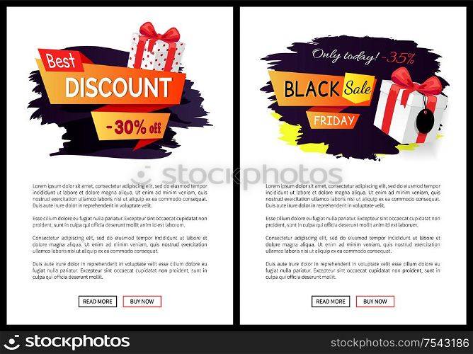 Black Friday sale tags, promo labels vector web poster with text, gift present boxes. Advertising badges info about price reduction, discounts on goods. Black Friday Sale Tags, Promo Labels Vector Web