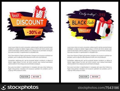 Black Friday sale tags, promo labels vector web poster with text, gift present boxes. Advertising badges info about price reduction, discounts on goods. Black Friday Sale Tags, Promo Labels Vector Web
