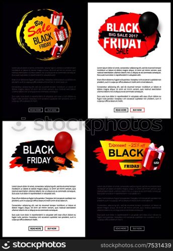 Black Friday sale tags, set of web site typography pages with label, information about price reduction on promo leaflets, vector brochures discounts. Black Friday Sale Tags, Set Site Typography Pages