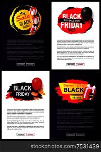 Black Friday sale tags, set of web site typography pages with label, information about price reduction on promo leaflets, vector brochures discounts. Black Friday Sale Tags, Set Site Typography Pages