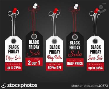Black friday sale tags. Vector black friday sale label or sales tag with pins on dark background