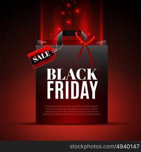 Black Friday Sale Template. Black friday sale template with shopping box and red light in realistic style isolated vector illustration