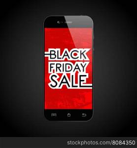 Black friday sale text on smartphone. Design for sale, discount, cover, banner, brochure or flyer. Vector illustration.