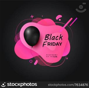 Black friday sale up to 70 percent vector, flat style banner with abstract design and balloon with thread. Discounts and special propositions on holiday. Black Friday Balloon Discount Proposition Banner