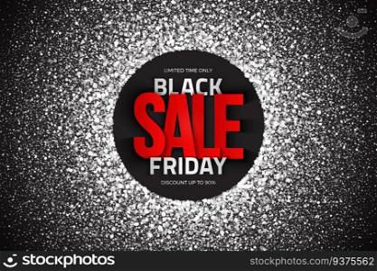 Black friday sale vector background. Illustration 3d red and silver letters for business, marketing and holiday. Bright white shimmer glowing round falling particles. Scatter shine light explosion. Black Friday Sale Vector Background