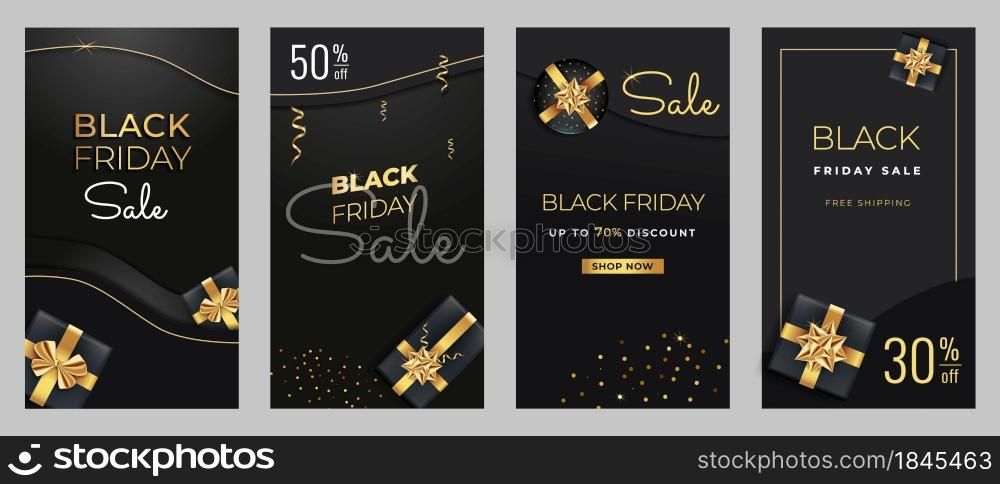 Black Friday Sale vertical banners for social media cover. Screen backdrop stories and posts, mobile app, cards. Story black and gold vector template. Luxury gift boxes, golden ribbons, serpentine.. Black Friday sale vertical banners social media cover. Black and gold screen backdrop for stories and posts, mobile app, cards.