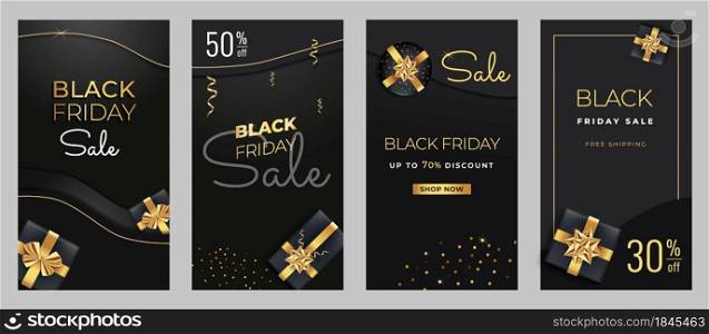 Black Friday Sale vertical banners for social media cover. Screen backdrop stories and posts, mobile app, cards. Story black and gold vector template. Luxury gift boxes, golden ribbons, serpentine.. Black Friday sale vertical banners social media cover. Black and gold screen backdrop for stories and posts, mobile app, cards.