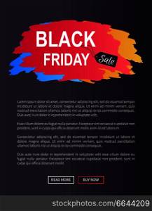 Black friday sale web promo poster with advertising information about discounts on painted stroke in bright colors inscription isolated on black. Black Friday Sale Prom Web Poster Advertising Info