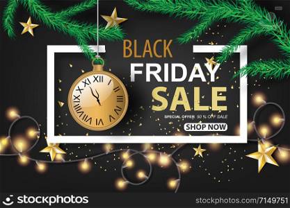 Black Friday Sale with dark black tone color background.Design frame for cards gift.Graphic paper cut and craft.Holiday winter shopping Ancient clock and light bulb decoration vector illustration