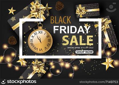 Black Friday Sale with dark black tone color background.Design frame for gift box.Graphic paper cut and craft.Holiday winter shopping Ancient clock and light bulb decoration vector illustration EPS10