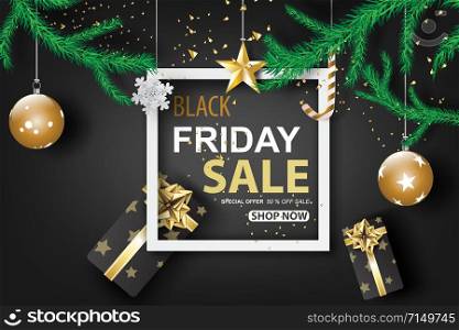 Black Friday Sale with dark black tone color background.Design frame for greeting cards gift.Graphic paper cut and craft style.Holiday festival winter shopping Minimal decoration vector illustration