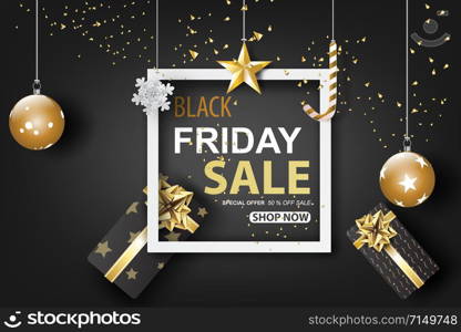 Black Friday Sale with dark black tone color background.Design frame for greeting cards gift.Graphic paper cut and craft style.Holiday festival winter shopping Minimal decoration vector illustration