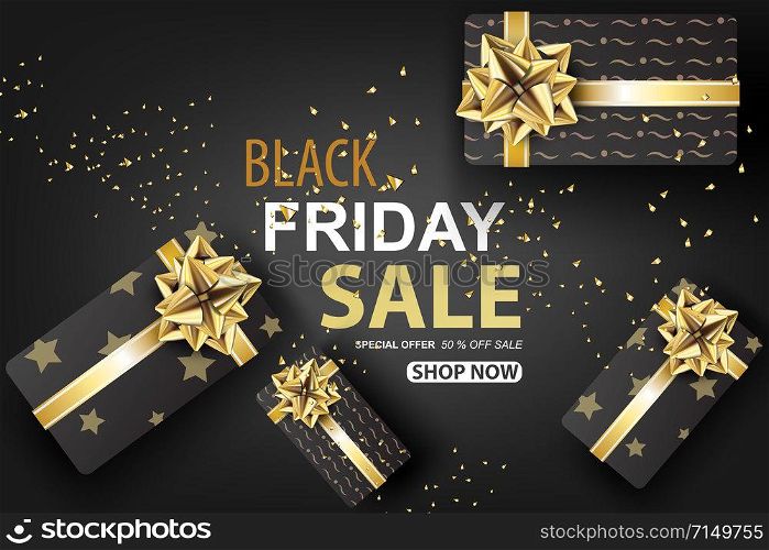 Black Friday sale with Gift box on gold glitter background banner.Creative paper cut and craft Minimal Top view style.Festival marketing promotion season.Special offer card Vector illustration. EPS10