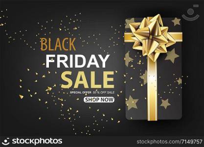 Black Friday sale with Gift box on gold glitter background banner.Creative paper cut and craft Minimal Top view style.Festival marketing promotion season.Special offer card Vector illustration. EPS10