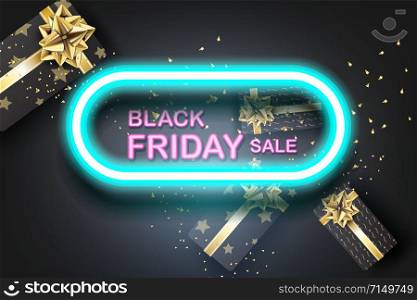 Black Friday sale with Gift box on gold glitter background.Neon light banner.Creative Minimal Top view style.Festival marketing promotion season.Business special offer card Vector illustration.EPS10