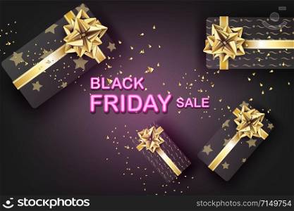 Black Friday sale with Gift box on gold glitter background.Neon light banner.Creative Minimal Top view style.Festival marketing promotion season.Business special offer card Vector illustration. EPS10