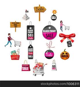 Black Friday Sales icons set. Cartoon illustration of 16 Black Friday Sales vector icons for web. Black Friday Sales icons set, cartoon style
