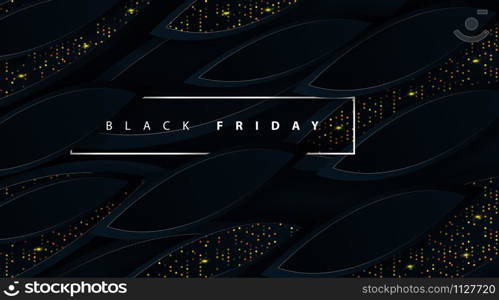 Black Friday sales poster. Commercial discount event banners. Textured background with dynamic 3D shape paper and golden sparkling halftone patterns. Vector illustration of a business.. Black Friday sales poster. . Textured background with dynamic 3D shape paper and golden sparkling halftone patterns. Vector illustration