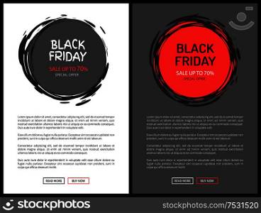 Black Friday, save up to 70 percent vector promo price, discount labels online web page. Total sale mega offer. Round stickers icons with sketch frame. Black Friday, Save Up to 70 Percent Vector Promo