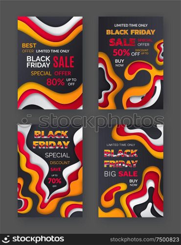 Black friday sellout, special discount of autumn vector. 70 and 80 percents of price reduction clearance and trading ads. Marketing of shops with sale. Black Friday Sellout, Special Discount of Autumn