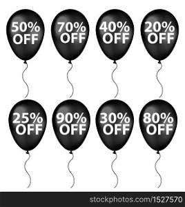 Black Friday set of balloons with percent discounts. Isolated on white background. Special offer. Vector illustration. Black Friday set of balloons with percent discounts. Isolated on white background. Special offer. Vector illustration.