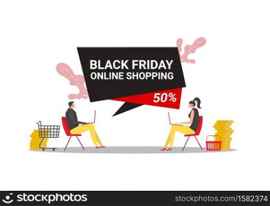 black friday shop; woman and man online shopping ; promo purchase marketing illustration
