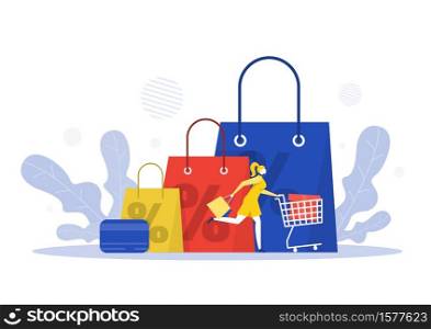 black friday shop, woman buying on super discount ,Shop online service, promo purchase marketing illustration