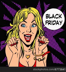 Black Friday shopper pleasure women pop art retro style. Black Friday shopper pleasure women