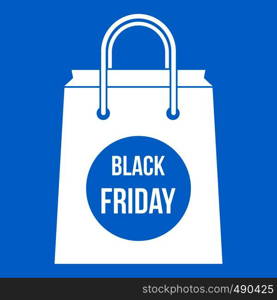 Black Friday shopping bag icon white isolated on blue background vector illustration. Black Friday shopping bag icon white
