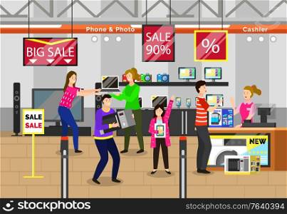 Black friday shopping character at store, electronics with computers and gadgets. People buying devices and appliances at shop. Personage standing by cashier paying for chosen item from market vector. Shopping People Buying Appliances and Devices